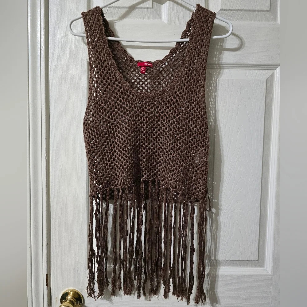Bongo Crochet & Fringe Brown Tank Top/Vest/Top Layer, Boho, Y2K, Size XL, EUC!